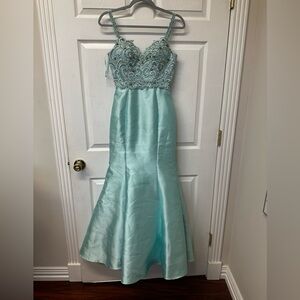 Val Stefani Aqua Blue Lace Gown
